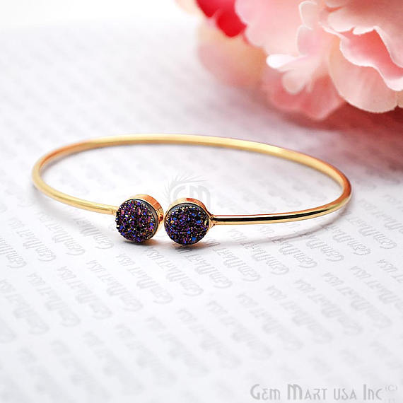 Double 8mm Round Druzy Gemstone Adjustable Gold Plated Stacking Bangle Bracelet - GemMartUSA