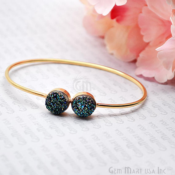 Double 10mm Round Druzy Gemstone Adjustable Gold Plated Stacking Bangle Bracelet - GemMartUSA