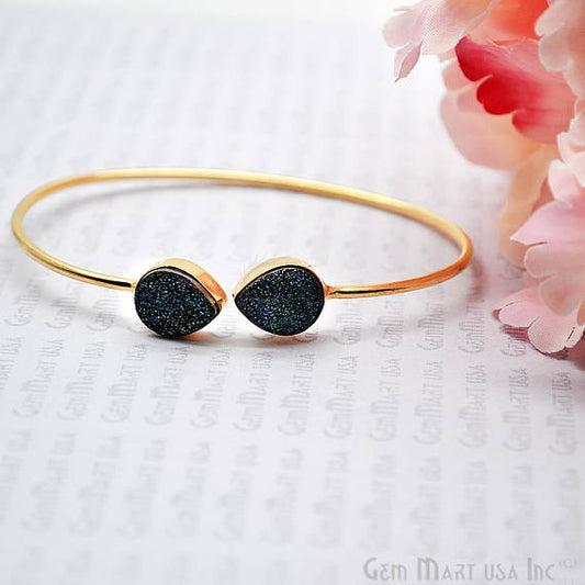 Elegant Double Pears Druzy Gemstone Adjustable Gold Plated Stacking Bangle Bracelet - GemMartUSA