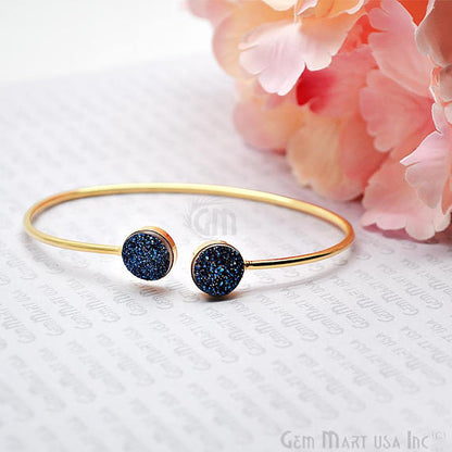 Double 10mm Round Druzy Gemstone Adjustable Gold Plated Stacking Bangle Bracelet - GemMartUSA