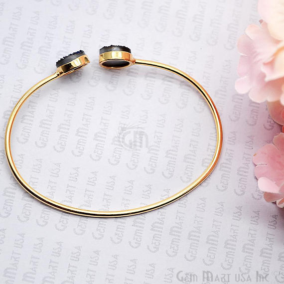 Double 10mm Round Druzy Gemstone Adjustable Gold Plated Stacking Bangle Bracelet - GemMartUSA