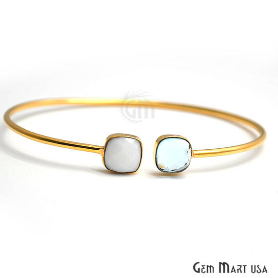 Agate & Blue Topaz Cushion Shape Adjustable Gold Plated Stacking Bangle Bracelet - GemMartUSA