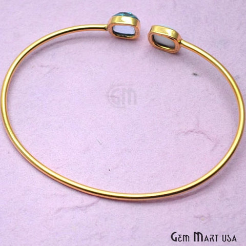 Agate & Blue Topaz Cushion Shape Adjustable Gold Plated Stacking Bangle Bracelet - GemMartUSA