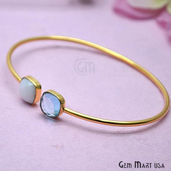 Agate & Blue Topaz Cushion Shape Adjustable Gold Plated Stacking Bangle Bracelet - GemMartUSA