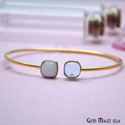 Agate & Blue Topaz Cushion Shape Adjustable Gold Plated Stacking Bangle Bracelet - GemMartUSA