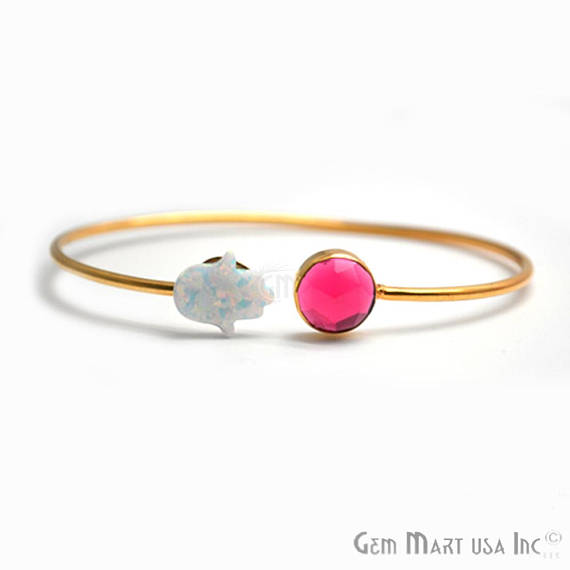 Pink Tourmaline & White Opal Adjustable Interlock Gold Plated Stacking Bangle Bracelet - GemMartUSA