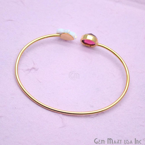 Pink Tourmaline & White Opal Adjustable Interlock Gold Plated Stacking Bangle Bracelet - GemMartUSA