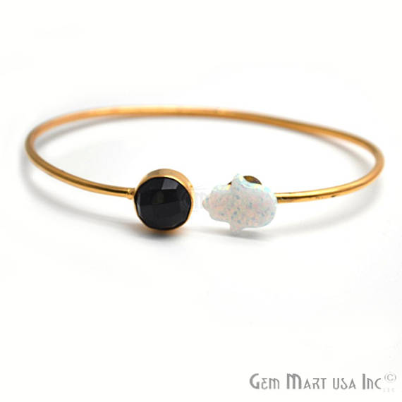 Black Onyx & White Opal Handmade Adjustable Interlock Gold Plated Stacking Bangle Bracelet - GemMartUSA