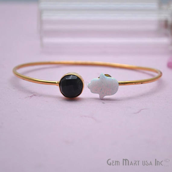 Black Onyx & White Opal Handmade Adjustable Interlock Gold Plated Stacking Bangle Bracelet - GemMartUSA