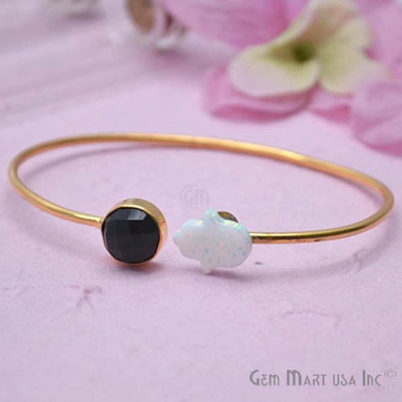 Black Onyx & White Opal Handmade Adjustable Interlock Gold Plated Stacking Bangle Bracelet - GemMartUSA