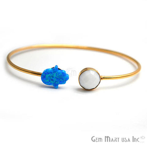 White Agate & Opal Adjustable Interlock Gold Plated Stacking Bangle Bracelet - GemMartUSA