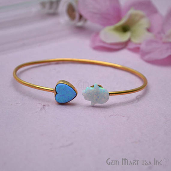 Opal Heart & Hamsa Shape Adjustable Interlock Gold Plated Stacking Bangle Bracelet - GemMartUSA