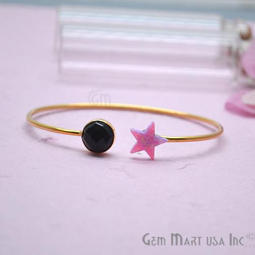 Black Onyx & Opal Adjustable Interlock Gold Plated Stacking Bangle Bracelet - GemMartUSA