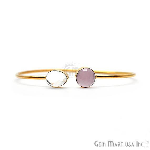 Rose Chalcedony & Crystal Handmade Adjustable Gold Plated Stacking Bangle Bracelet - GemMartUSA