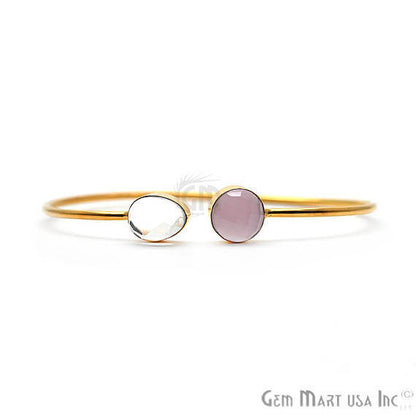 Rose Chalcedony & Crystal Handmade Adjustable Gold Plated Stacking Bangle Bracelet - GemMartUSA