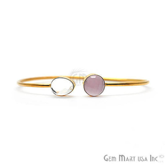 Rose Chalcedony & Crystal Handmade Adjustable Gold Plated Stacking Bangle Bracelet - GemMartUSA