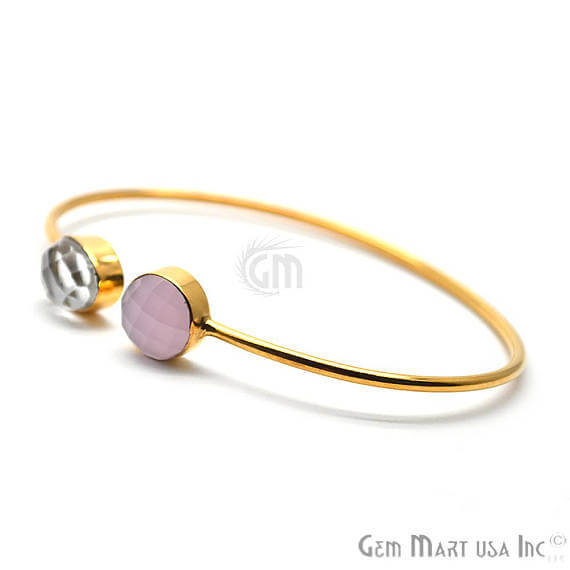 Rose Chalcedony & Crystal Handmade Adjustable Gold Plated Stacking Bangle Bracelet - GemMartUSA