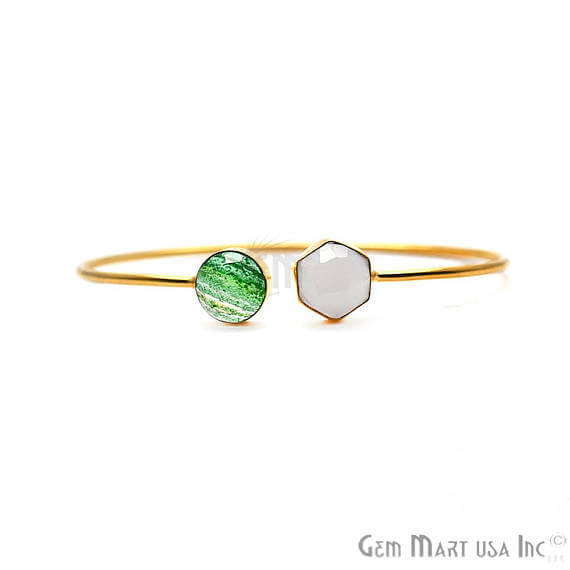 Green Infused & Rainbow Moonstone AdjustaBle Gold Plated Stacking Bangle Bracelet - GemMartUSA