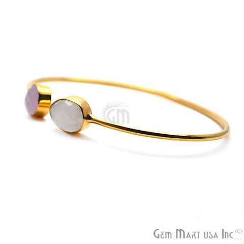 Rose Chalcedony & Rainbow Moonstone Handmade Adjustable Gold Plated Stacking Bangle Bracelet - GemMartUSA
