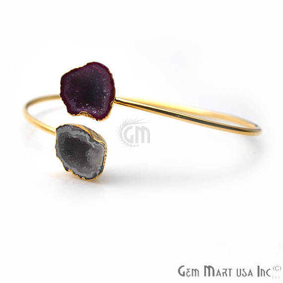 Gold Electroplated Adjustable Double Geode Druzy Stacking Bangle Bracelet - GemMartUSA