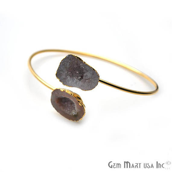 Gold Electroplated Adjustable Double Geode Druzy Stacking Bangle Bracelet - GemMartUSA