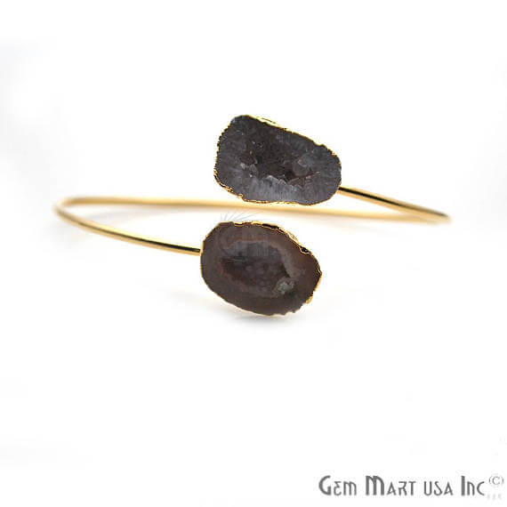 Gold Electroplated Adjustable Double Geode Druzy Stacking Bangle Bracelet - GemMartUSA