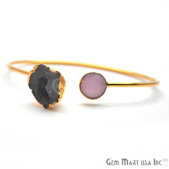 Gold Electroplated Adjustable Gemstone with Geode Druzy Stacking Bangle Bracelet - GemMartUSA