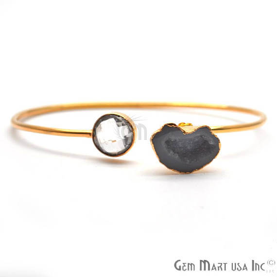 Gold Electroplated Adjustable Gemstone with Geode Druzy Stacking Bangle Bracelet - GemMartUSA