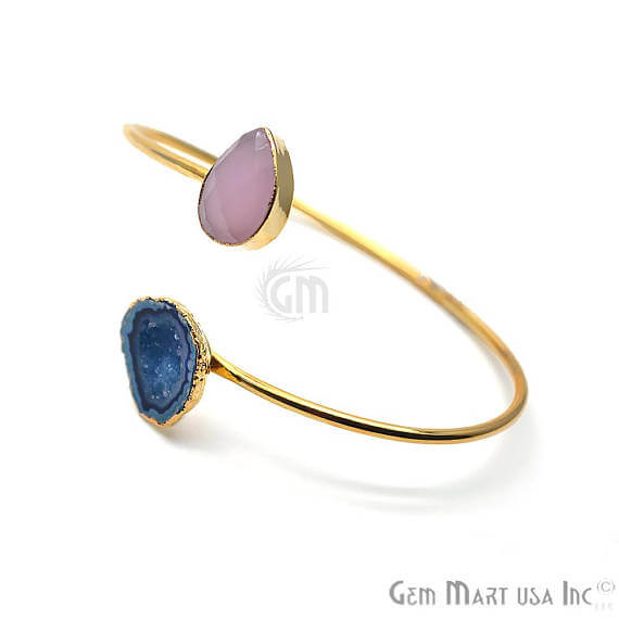 Gold Electroplated Adjustable Gemstone with Geode Druzy Stacking Bangle Bracelet - GemMartUSA