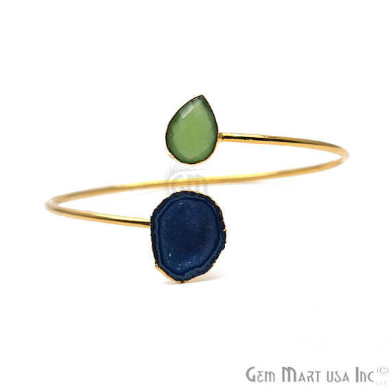 Gemstone With Druzy Gold Edged Adjustable Stacking Bangle Bracelet