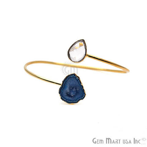 Gemstone With Druzy Gold Edged Adjustable Stacking Bangle Bracelet