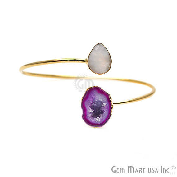 Gold Electroplated Adjustable Gemstone with Geode Druzy Stacking Bangle Bracelet - GemMartUSA