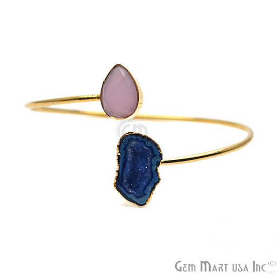 Gold Electroplated Adjustable Gemstone with Geode Druzy Stacking Bangle Bracelet - GemMartUSA