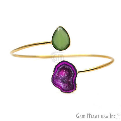 Gemstone With Druzy Gold Edged Adjustable Stacking Bangle Bracelet