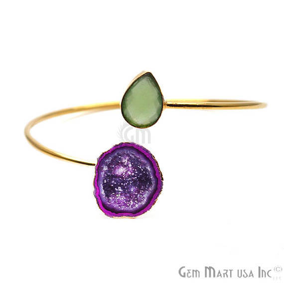 Gold Electroplated Adjustable Gemstone with Geode Druzy Stacking Bangle Bracelet - GemMartUSA