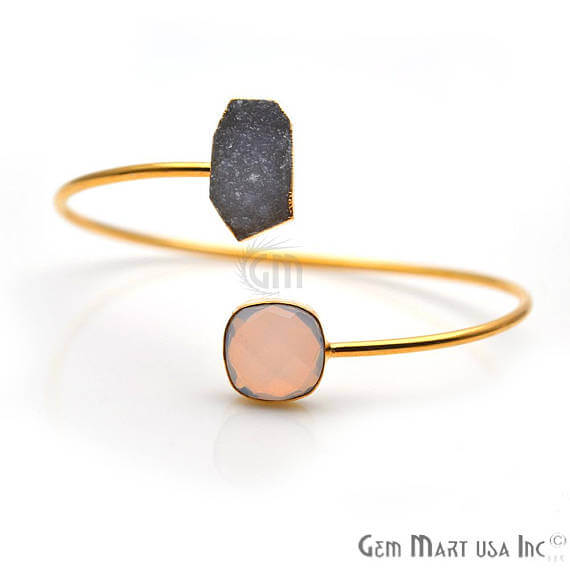 Gold Electroplated Adjustable Gemstone with Druzy Stacking Bangle Bracelet - GemMartUSA