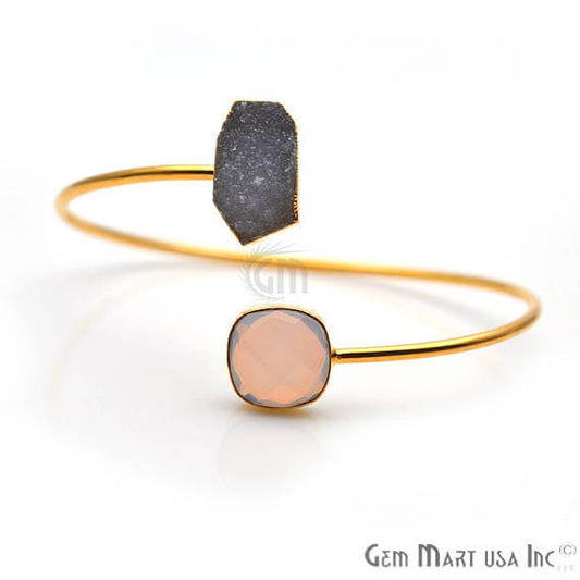 Gold Electroplated Adjustable Gemstone with Druzy Stacking Bangle Bracelet - GemMartUSA