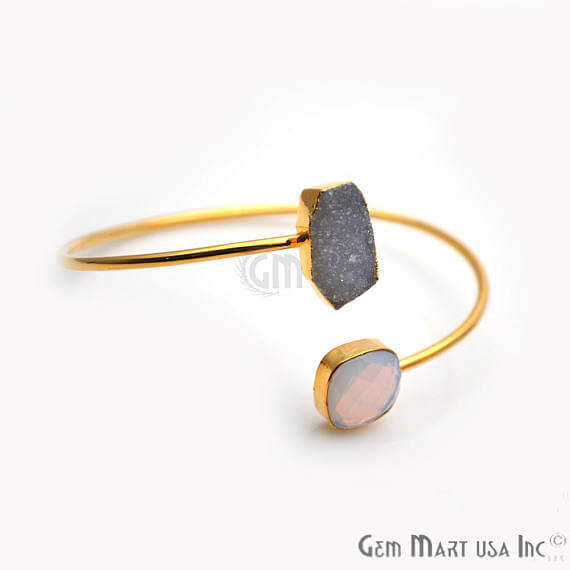 Gold Electroplated Adjustable Gemstone with Druzy Stacking Bangle Bracelet - GemMartUSA