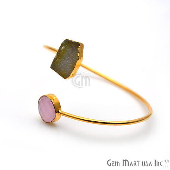 Gold Electroplated Adjustable Gemstone with Druzy Stacking Bangle Bracelet - GemMartUSA