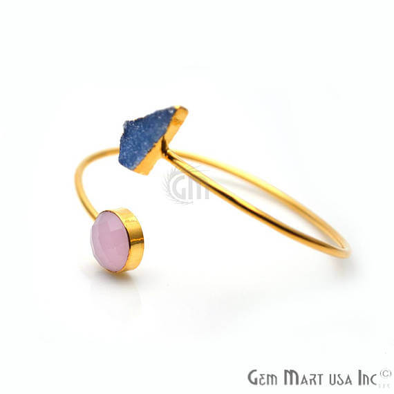 Gold Electroplated Adjustable Gemstone with Druzy Stacking Bangle Bracelet - GemMartUSA