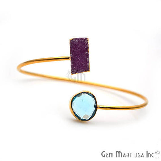 Gold Electroplated Adjustable Gemstone with Druzy Stacking Bangle Bracelet - GemMartUSA