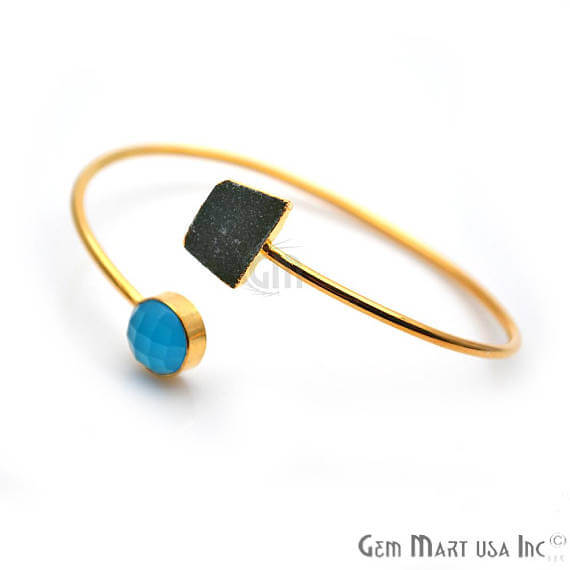 Gold Electroplated Adjustable Gemstone with Druzy Stacking Bangle Bracelet - GemMartUSA