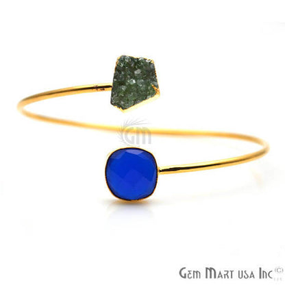 Gemstone With Druzy Gold Edged Adjustable Stacking Bangle Bracelet