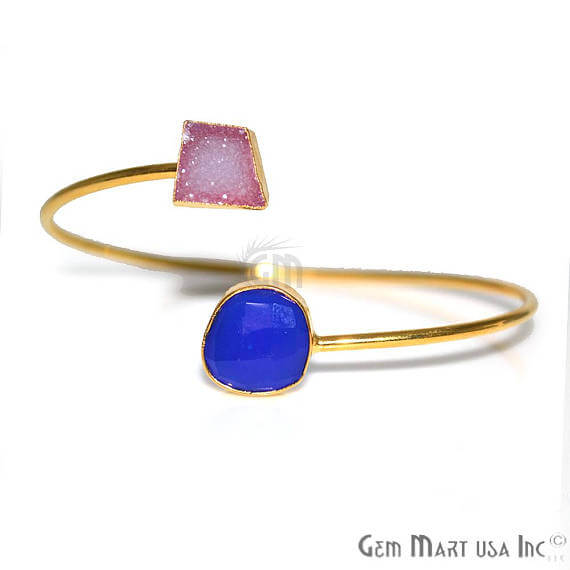 Gemstone With Druzy Gold Edged Adjustable Stacking Bangle Bracelet