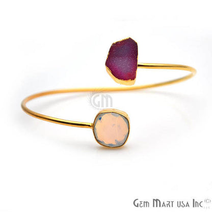 Gemstone With Druzy Gold Edged Adjustable Stacking Bangle Bracelet