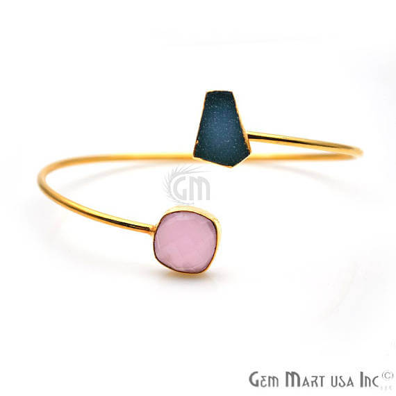 Gold Electroplated Adjustable Gemstone with Druzy Stacking Bangle Bracelet - GemMartUSA