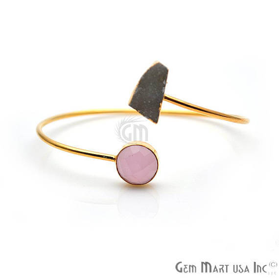 Gold Electroplated Adjustable Gemstone with Druzy Stacking Bangle Bracelet - GemMartUSA