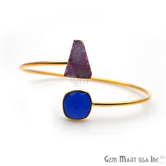 Gold Electroplated Adjustable Gemstone with Druzy Stacking Bangle Bracelet - GemMartUSA