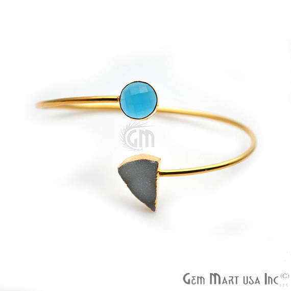 Gold Electroplated Adjustable Gemstone with Druzy Stacking Bangle Bracelet - GemMartUSA