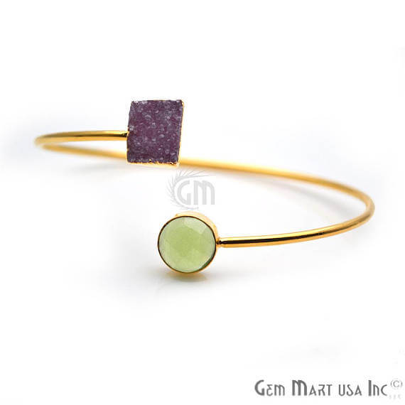 Gemstone With Druzy Gold Edged Adjustable Stacking Bangle Bracelet